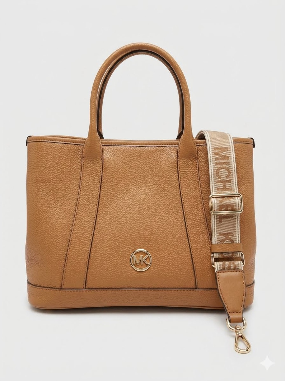 Michael Kors Cognac Leather Shoulder Tote with Branded Strap